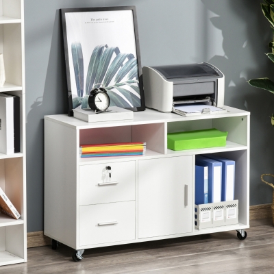 HOMCOM Lateral Filing Cabinet with Open Storage Shelf, Printer Stand Home Office Mobile File Cabinet with Wheels, Lockable Drawer, White