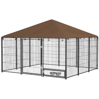 PawHut 6.9' x 4.6' x 5' Outdoor Dog Kennel with Canopy, Rotating Bowls, Coffee