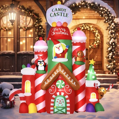 Outsunny 10ft Christmas Inflatables Candy Castle, LED Decor