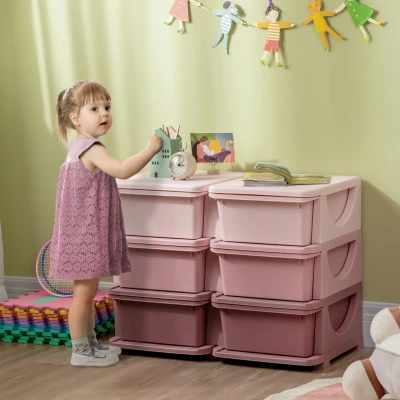 Qaba 3-Tier Kids Storage Unit, 6 Drawer Toy Organizer, Pink