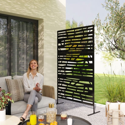 Outsunny Decorative Outdoor Privacy Panel with Stand, Freestanding Metal Outdoor Divider for Garden, Backyard, Deck, Black