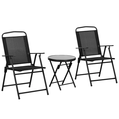 Outsunny 3 Pieces Bistro Set, Foldable Patio Furniture Set with Mesh Chairs, Glass Table for Garden, Balcony, Black