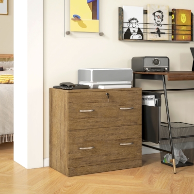 Vinsetto 2 Drawer File Cabinet with Lock, Office Filing Cabinet, Hanging Bar for Letter Size, Home Office, Light Brown