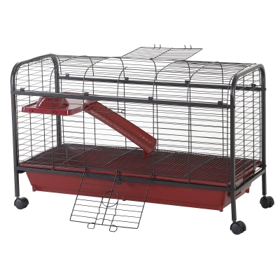 PawHut 41" Small Animal Cage, Rabbit Hutch with Rolling Wheels