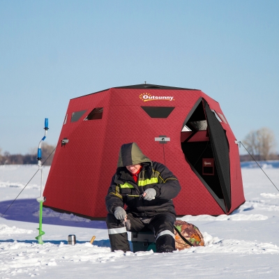 Outsunny 4 Person Insulated Ice Fishing Shelter, Pop-Up Portable Ice Fishing Tent with Carry Bag and Two Doors for -22℉, Red