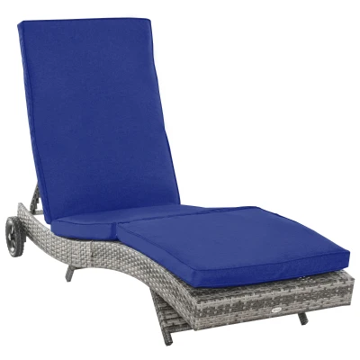 Outsunny Outdoor Adjustable Wicker Chaise Lounge Chair with Cushion & Wheels for Patio, Deck, Poolside, Dark Blue