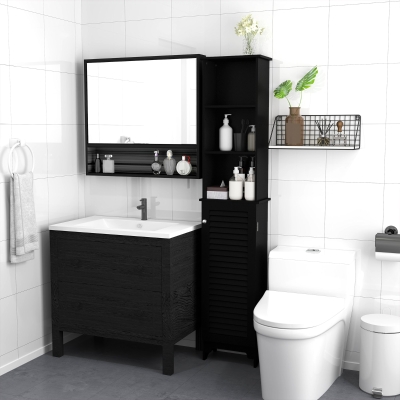 HOMCOM Tall Bathroom Storage Cabinet, Freestanding Linen Tower with 3-Tier Open Adjustable Shelf, Black