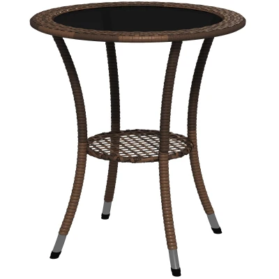 Outsunny Outdoor Rattan Dining Table, Patio Wicker Round Coffee Table with 2-Tier Storage Shelf, Brown