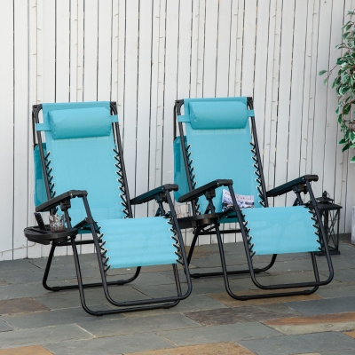 Outsunny 2 Piece Foldable Lounge Chair with Canopy Shade, Outdoor Zero Gravity Chair w/ Side Tray & Cup Holder, Reclining Lounger w/ Breathable Mesh Fabric Seat, Pillow, Sky Blue