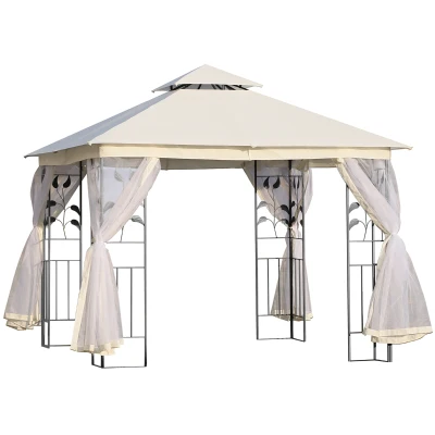 Outsunny 10'x10' Soft-top Steel Patio Gazebo Outdoor Sun Shelter with 2-Tier Polyester Roof, Curtain Sidewalls, White
