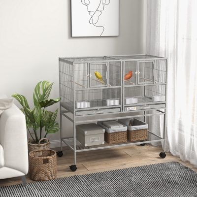 PawHut Large Double Rolling Metal Bird Cage Bird House w/ Removable Tray Storage Shelf