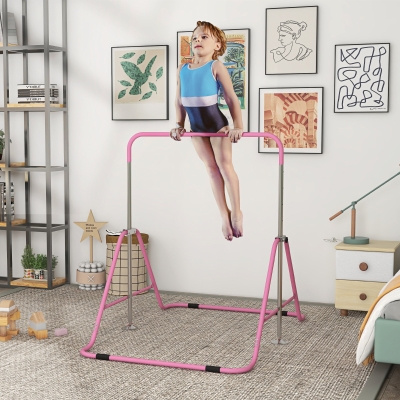 Qaba Foldable Gymnastics Bar for Kids, Expandable Gymnastics Equipment with Adjustable Height for Boys Girls, Pink