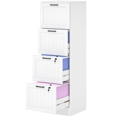 HOMCOM 4 Drawer Filing Cabinet with Lock, Office Storage Cabinet with Adjustable Hanging Bars for A4 Letter Size Files, White
