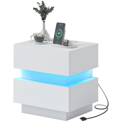 HOMCOM Bedside Table with Charging Station and LED Light Modern Nightstand with USB Ports AC Outlets Drawers Remote, White