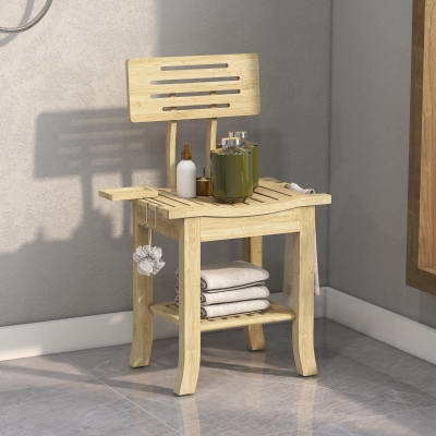 HOMCOM Bathroom Bench with Back, Bamboo Shower Bench with Towel Rack, Shower Head Holder and Soap Dish, Natural Wood