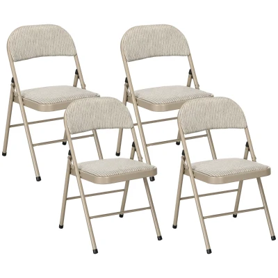 HOMCOM Set of 4 Metal Foldable Chairs, Linen Fabric Padded Folding Chairs with Cushion Seat and Open Back for Indoor, Beige