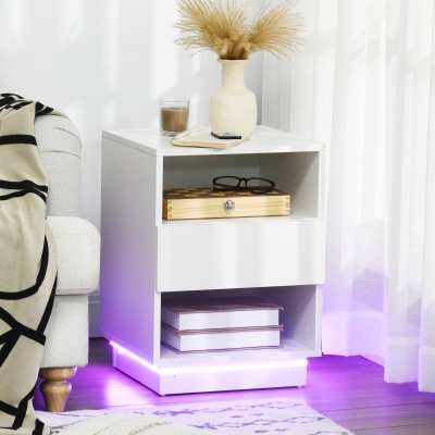 HOMCOM LED Nightstand, Bedside Table with LED Lights, Drawer, 2 Shelves, Remote, Side Table for Living Room, Bedroom
