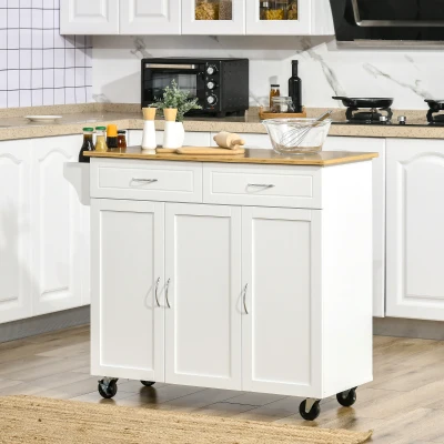 HOMCOM Rolling Kitchen Cart, Bamboo Top, 2 Cabinets, White