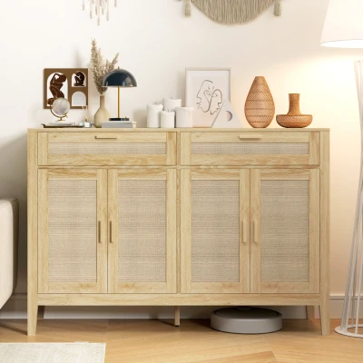 HOMCOM Boho Kitchen Cabinet with Rattan Doors & Drawers, Oak