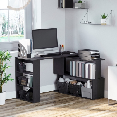 HOMCOM L Shaped Desk, 360° Rotating Corner Desk, Computer Writing Table Workstation with Storage Shelf for Home Office, Black