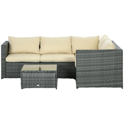 Outsunny 3 Pieces Rattan Wicker Outdoor Conversation Furniture Set w/ Loveseats Coffee Table Cushions for Garden, Patio, Beige