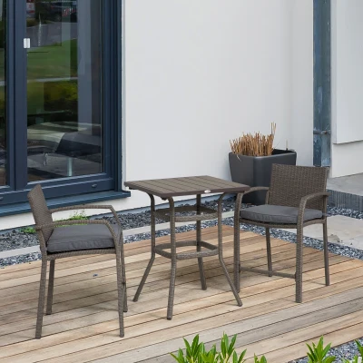 Outsunny 3 PCS Rattan Bar Set with Wood Grain Table, Gray
