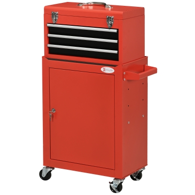 DURHAND 2 In 1 Detachable Tool Box and Tool Cabinet, 3-Drawer Rolling Tool Chest Cabinet on Wheels with Lock and 2 Keys, Red