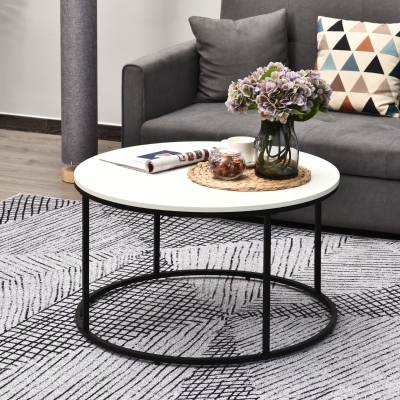 HOMCOM Round Coffee Table Sofa Side Table with a Modern Design, Black Metal Frame and Easy Maintenance, White