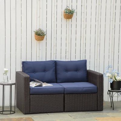 Outsunny 2-Piece Patio Wicker Sofa Set, Dark Blue Outdoor Furniture