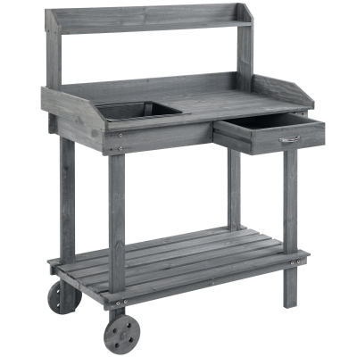 Outsunny 36'' Wooden Potting Bench with Sink & Wheels, Gray