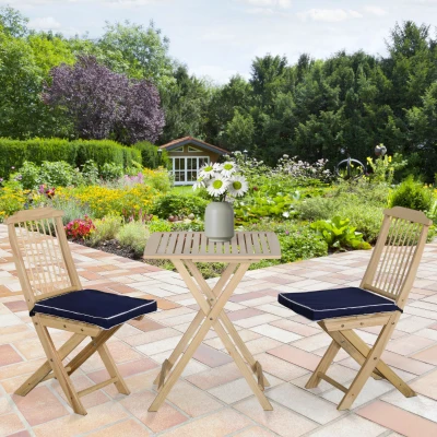 Outsunny 3-Piece Outdoor Bistro Set, Pine Wood Table & Chairs, Dark Blue