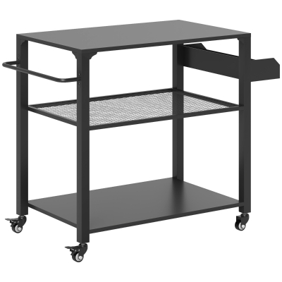 Outsunny 3-Tier Outdoor Grill Dining Cart with Storage Rack, Pizza Oven Stand with Side Handle, 4 Wheels for Backyard Party