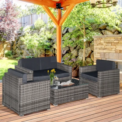 Outsunny 4-Piece Wicker Patio Set with Cushions, Black