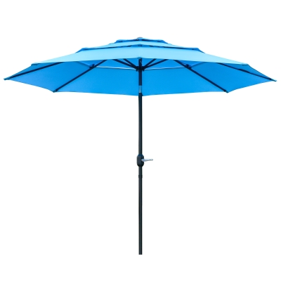 Outsunny 9FT 3 Tiers Patio Umbrella Outdoor Market Umbrella with Crank, Push Button Tilt for Deck, Backyard and Lawn, Sky Blue