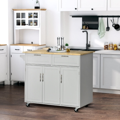 HOMCOM Rolling Kitchen Island, Kitchen Cart on Wheels with 2 Storage Drawers, 3 Door Cabinets and Towel Rack for Dining Room (Grey, 3-Doors)