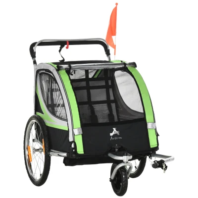 Aosom 2 Seat Bike Trailer for Kids 2-in-1 Double Baby Jogging Stroller with Handbrake, Rubber Wheels, 5 Point Harness, Waterproof Cover, Storage Bag, Reflectors, Green