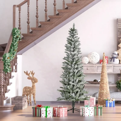 HOMCOM 6ft Snow-Flocked Slim Pine Christmas Tree, 394 Tips