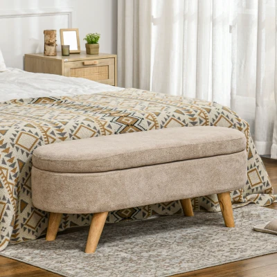 HOMCOM 43.3" Upholstered Storage Ottoman Bench with Wood Legs, Beige