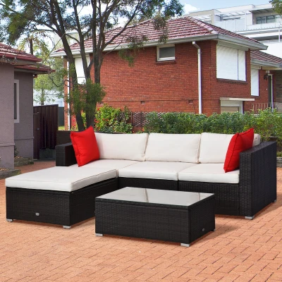 Outsunny 5-Piece Outdoor Rattan Wicker Sofa Set, Brown/Cream