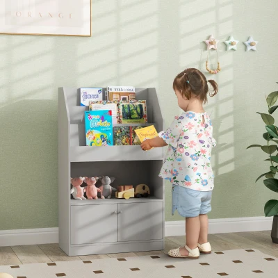 Qaba Kids Toy Storage Cabinet, Gray Bookshelf for Playroom