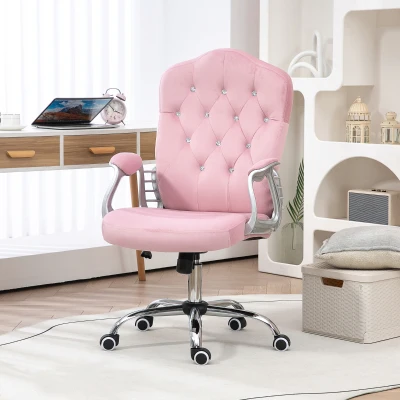 Vinsetto Velvet Office Chair with Swivel Wheels & Adjustable Height, Pink