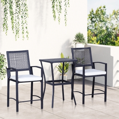 Outsunny 3 Pieces Outdoor Wicker Bar Set, Classic Bistro Bar Set Garden Rattan Style Patio Bar Table & High Chairs w/ Cushions Home Bar Furniture, Cream White