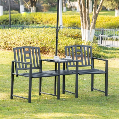 Outsunny Metal Outdoor Bench, 2-Seater Garden Bench with Middle Table, Umbrella Hole, Slatted Seat and Backrest, Black