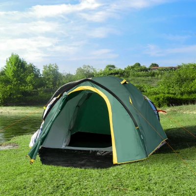 Outsunny 3-Person Camping Tent, Yellow with Vestibule & Rain Cover