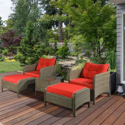 Outsunny 5 Pieces Wicker Patio Furniture Sofa Set Thick Padded Cushions, Outdoor PE Rattan Conversation Coffee Set with Armchairs, Footstools and Glass Top Table, Red