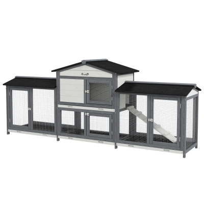 PawHut 90.5" Wooden Rabbit Hutch with Double Run Boxes, Light Gray