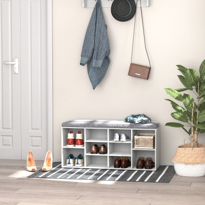 HOMCOM Shoe Bench with Storage, Upholstered Entryway Bench with Adjustable Shelves, Cushion for Living Room, Hallway, White