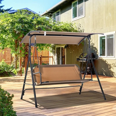Outsunny 3-Person Outdoor Swing with Canopy, Steel Frame, Brown