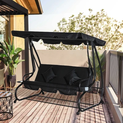 Outsunny 3-Seat Outdoor Swing Chair, Adjustable Canopy, Black