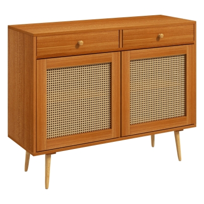 HOMCOM Kitchen Storage Cabinet with 3 Rattan Doors, Boho Accent